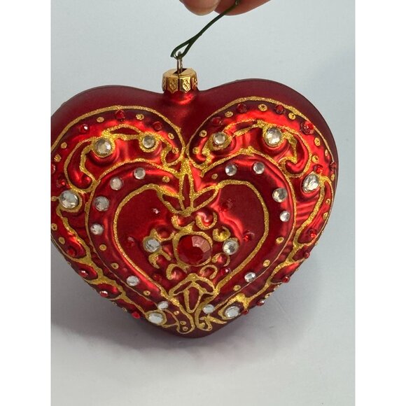 Dillards Handcrafted Glass Heart Ornament Red Jeweled 3" x 3 1/4" Boxed - Picture 6 of 6